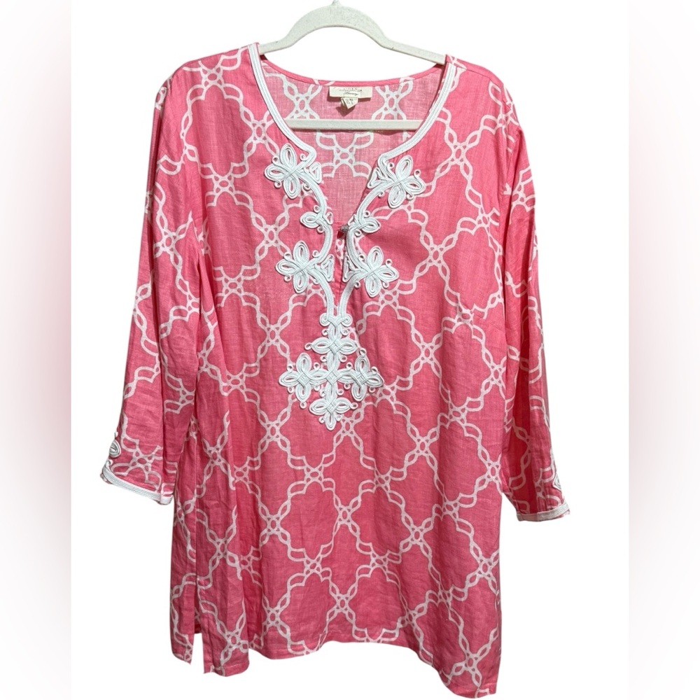 Charter Club Luxury Pink Embroidered Linen Tunic Top‎ Boho Coastal Style Sz XL